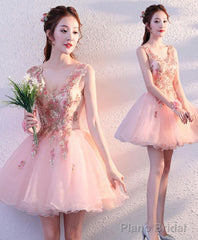 Pink V Neck Tulle Short Prom Dress Homecoming Dress