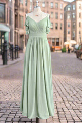 Spaghetti Strap Ruffles V-neck Chiffon Dusty Sage Green Bridesmaid Dresses