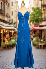 Spaghetti Straps Gorgeous A-line Blue Prom Dresses Long Evening Dresses 21th Birthday Outfits