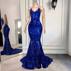 Spaghetti-Straps Mermaid Long Prom Dresses With Sequins in Royal Blue