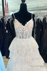 Spaghetti Straps White Layered A-Line Prom Dress with Sequin