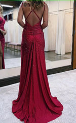 sparkly dark red one shoulder sheath long prom dress with slit