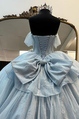 Light Blue Prom Dress Off the Shoulder Tulle Long Corset Evening Dress with Bow