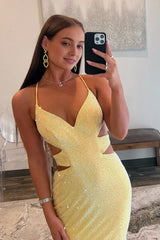 Sparkly Mermaid V Neck Yellow Sequins Long Prom Dresses