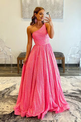 Sparkly Pink One Shoulder A Line Sequins Prom Dress