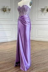 Purple Prom Dresses Strapless Mermaid Corset Long Evening Dresses with Slit