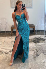 Sparkly Sheath V Neck Sequins Long Prom Dresses With Split