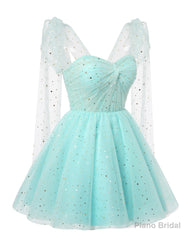 Sparkly Starry Champagne Tulle Short Homecoming Dresses Spaghetti Bow Straps Prom Dress Sequin Cocktail Party Dress for Teens