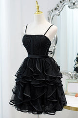 Special Black Ruffled Short Homecoming Dresses with Spaghetti Straps