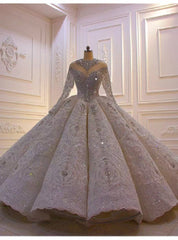 Spuer Luxury Dubai Long Sleeve Lace Beading Crystal Wedding Dress With Long Train