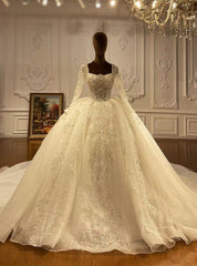 Square Long Sleeve Tulle Sequins HandWork Beading Wedding Dresses