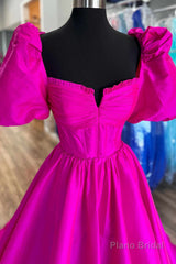 Square Neck Fuchsia Puff Sleeves A-Line Prom Dress