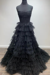 Strapless Pink Black Tulle Long Prom Dresses, Shiny Pink Black Tulle Long Formal Evening Dresses