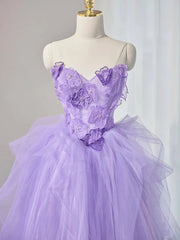 Strapless Purple Long Tulle Prom Dresses with Flower, Purple Floral Long Tulle Formal Evening Dresses