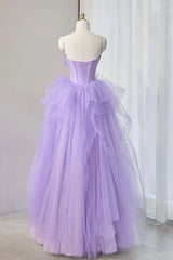 Strapless Purple Long Tulle Prom Dresses with Flower, Purple Floral Long Tulle Formal Evening Dresses