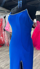 Strapless Royal Blue Long Prom Dresses with Beading and Skirt Slit