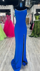 Strapless Royal Blue Long Prom Dresses with Beading and Skirt Slit