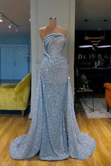 Strapless Sequined Floor Length Prom Dresses with Ruffles