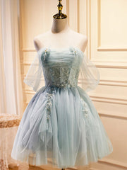 Strapless Short Green Tulle Prom Dresses, Short Green Tulle Beaded Formal Graduation Dresses