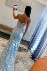 Straps Light Blue V-Neck Sequin Appliques Mermaid Prom Dress