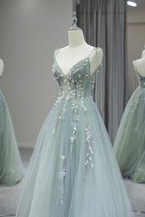 Stylish Spaghetti Strap Tulle Floor Length Formal Dresses, Gray Green V-Neck Backless Party Dresses