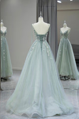 Stylish Spaghetti Strap Tulle Floor Length Formal Dresses, Gray Green V-Neck Backless Party Dresses