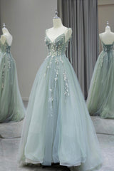 Stylish Spaghetti Strap Tulle Floor Length Formal Dresses, Gray Green V-Neck Backless Party Dresses