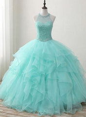 Sweet 16 Dresses Green Round Neck Tulle Beads Long Prom Dresses