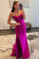 Sweetheart Fuchsia Pleated Mermaid Long Prom Dress