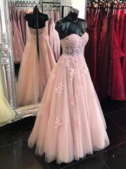 Sweetheart Neck Open Back Pink Lace Long Prom Dresses, Strapless Pink Lace Formal Dresses