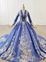 Take Center Stage In Royal Blue Tulle Lace Appliques V-neck Long Sleeve Wedding Dresses