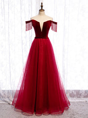 Tassel Sleeves Off The Shoulder Tulle Burgundy Floor Length Lace Up Prom Dresses