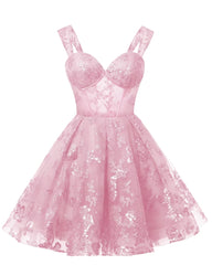 Teens Sparkly Tulle Light Pink Homecoming Dresses Spaghetti Straps Short Cocktail Party Prom Dress