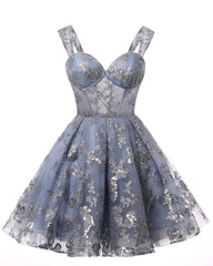 Teens Sparkly Tulle Gray Homecoming Dresses Spaghetti Straps Short Cocktail Party Prom Dress