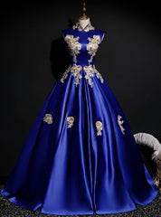 The Best Discount Blue Ball Gown Satin High Neck Appliques Backless Quinceanera Dresses