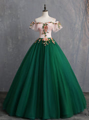 The Cheap Price Green Ball Gown Tulle Off the Shoulder Appliques Quinceanera Dresses