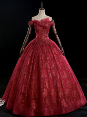 The Largest Variety Of Styles Burgundy Ball Gown Tulle Sequins Off the Shoulder Quinceanera Dresses