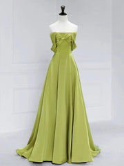 Atmosphere Green A-Line Satin Off Shoulder Long Prom Dresses Long Formal Luxury Dignified Party Dresses