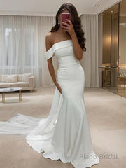 Trumpet/Mermaid Off-the-Shoulder Court Train Stretch Crepe Wedding Dresses With Belt/Sash