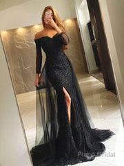 Trumpet/Mermaid Off-the-Shoulder Sweep Train Tulle Evening Dresses With Leg Slit