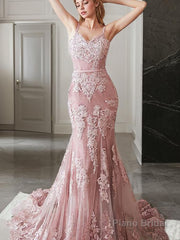 Trumpet/Mermaid Spaghetti Straps Sweep Train Lace Evening Dresses With Appliques Lace