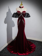 Trumpet/Mermaid Velvet Burgundy Long Prom Dresses with Beads