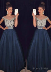 Tulle Long/Floor-Length A-Line/Princess Sleeveless Bateau Zipper Prom Dresses With Beaded