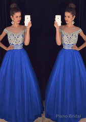 Tulle Long/Floor-Length A-Line/Princess Sleeveless Bateau Zipper Prom Dresses With Beaded