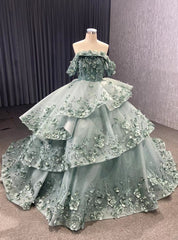 Tulle Off the Shoulder 3D Appliques Tiers Prom Dresses