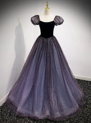 Tulle Sequins Puff Sleeve Long Prom Dress