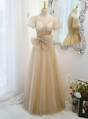 Tulle Sequins V-neck Puff Sleeve Pearls Prom Dresses