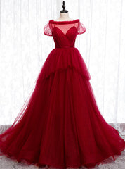 Tulle Short Sleeve Pleats Backless Burgundy Prom Dresses