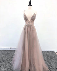 Tulle V-neckline Straps Beaded Low Back Long Formal Dresses Tulle Prom Dresses prom Dresses shops