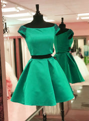 Two Piece Satin Cap Sleeves Homecoming Dresses With Beading